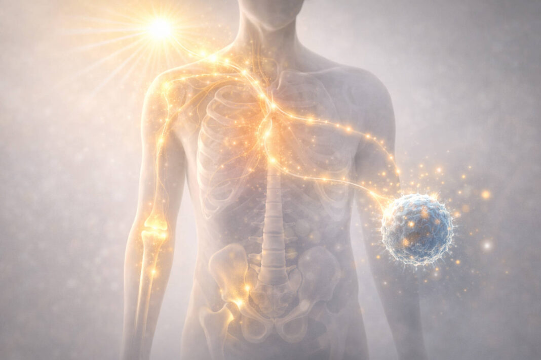 Słońce i sylwetka człowieka 3d, z wskazaną drogą i działaniem witaminy D3