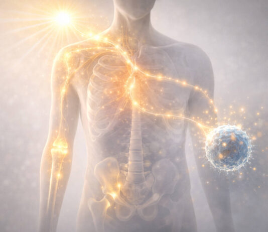 Słońce i sylwetka człowieka 3d, z wskazaną drogą i działaniem witaminy D3