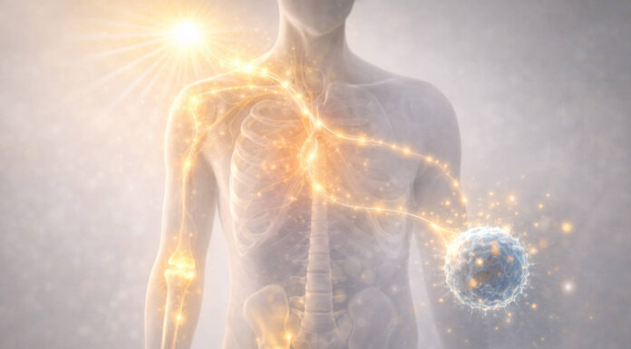 Słońce i sylwetka człowieka 3d, z wskazaną drogą i działaniem witaminy D3