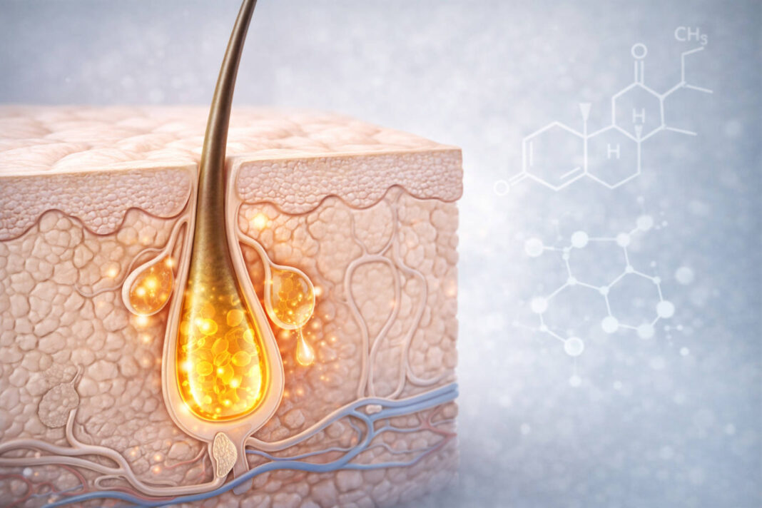 zaburzenia-hormonalne-a-tradzik-art Przekrój skóry z trądzikiem (rysunek), w tle symbol chemiczny hormonów