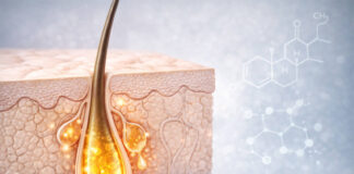 Przekrój skóry z trądzikiem (rysunek), w tle symbol chemiczny hormonów