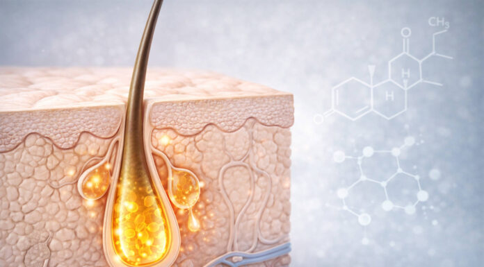 Zaburzenia hormonalne a trądzik dorosłych. Jaki jest związek? Przekrój skóry z trądzikiem (rysunek), w tle symbol chemiczny hormonów