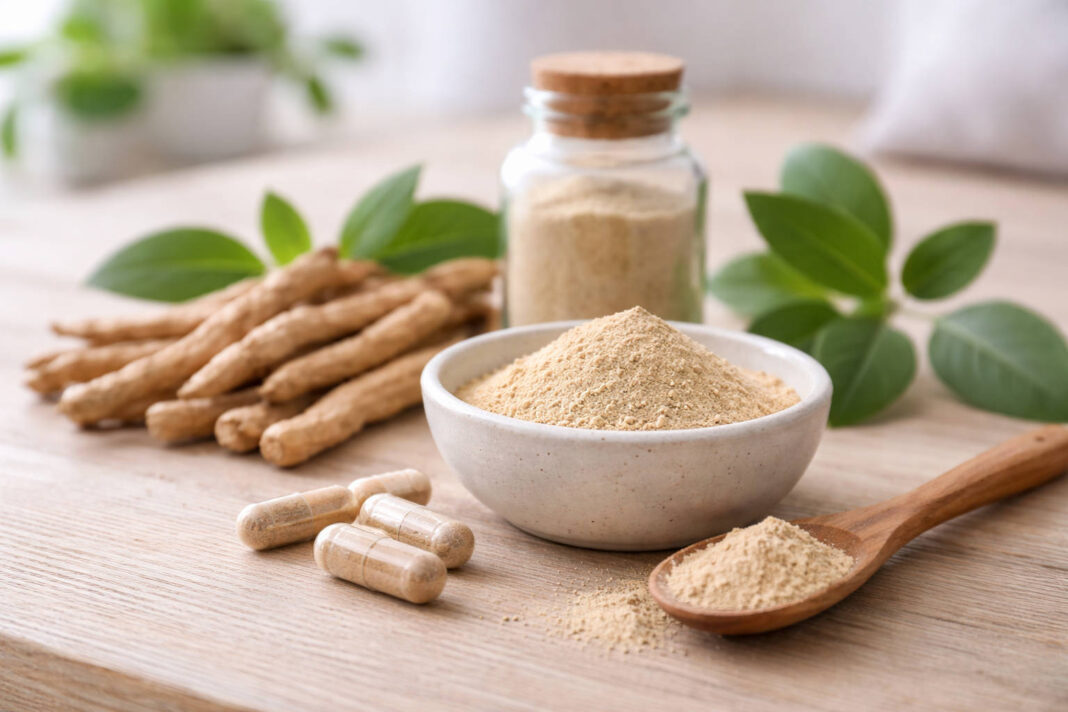 Korzeń ashwagandy na stole w formie całości i sproszkowany