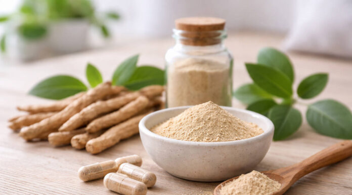 Ashwagandha. Wskazania, przeciwwskazania i bezpieczeństwo stosowania Korzeń ashwagandy na stole w formie całości i sproszkowany