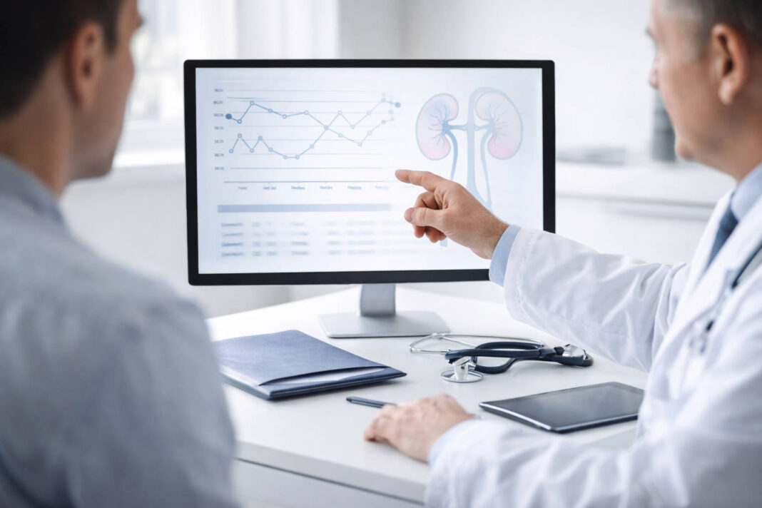 Lekarz omawiający badania nerek i wyniki z pacjentem