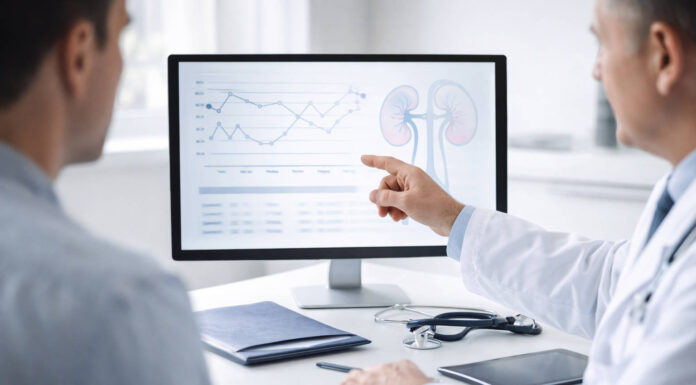 Badania nerek – kreatynina to nie wszystko. Co jeszcze sprawdzić? Lekarz omawiający badania nerek i wyniki z pacjentem