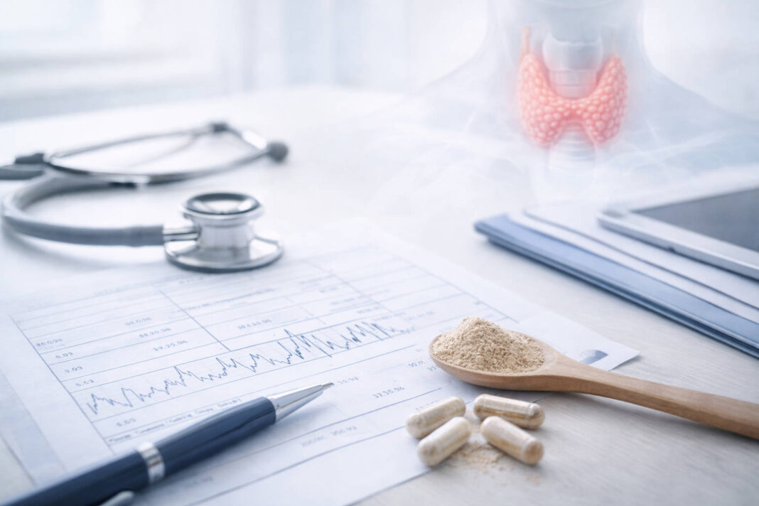 badania-tarczycy-art Rysunek tarczycy w tle, na stole stetoskop, wyniki badań, leki na tarczycę