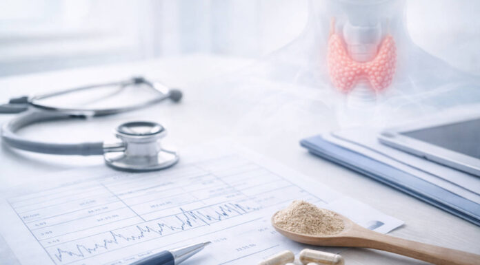 Badania tarczycy – jakie wykonać i w jakich sytuacjach? Rysunek tarczycy w tle, na stole stetoskop, wyniki badań, leki na tarczycę