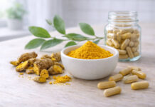 Na kuchennym stole korzeń berberyny, także w startej formie, obok kapsułki do suplementacji w słoiku