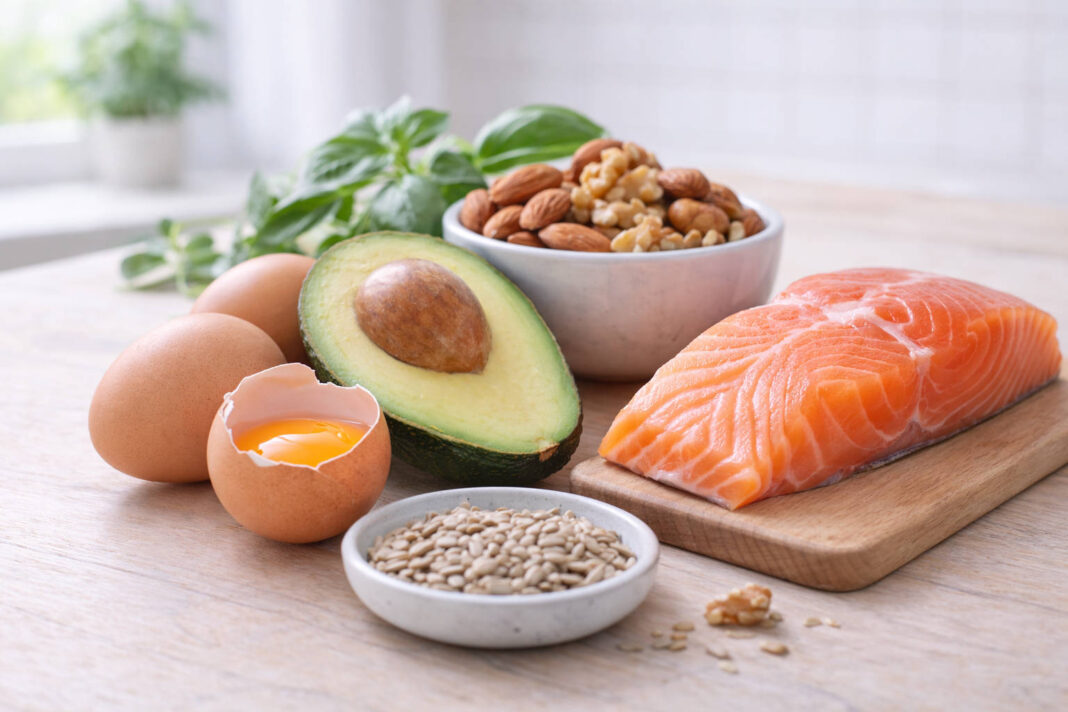 Produkty bogate w biotynę/witaminę B7 na kuchennym stole