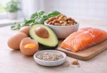 Produkty bogate w biotynę/witaminę B7 na kuchennym stole
