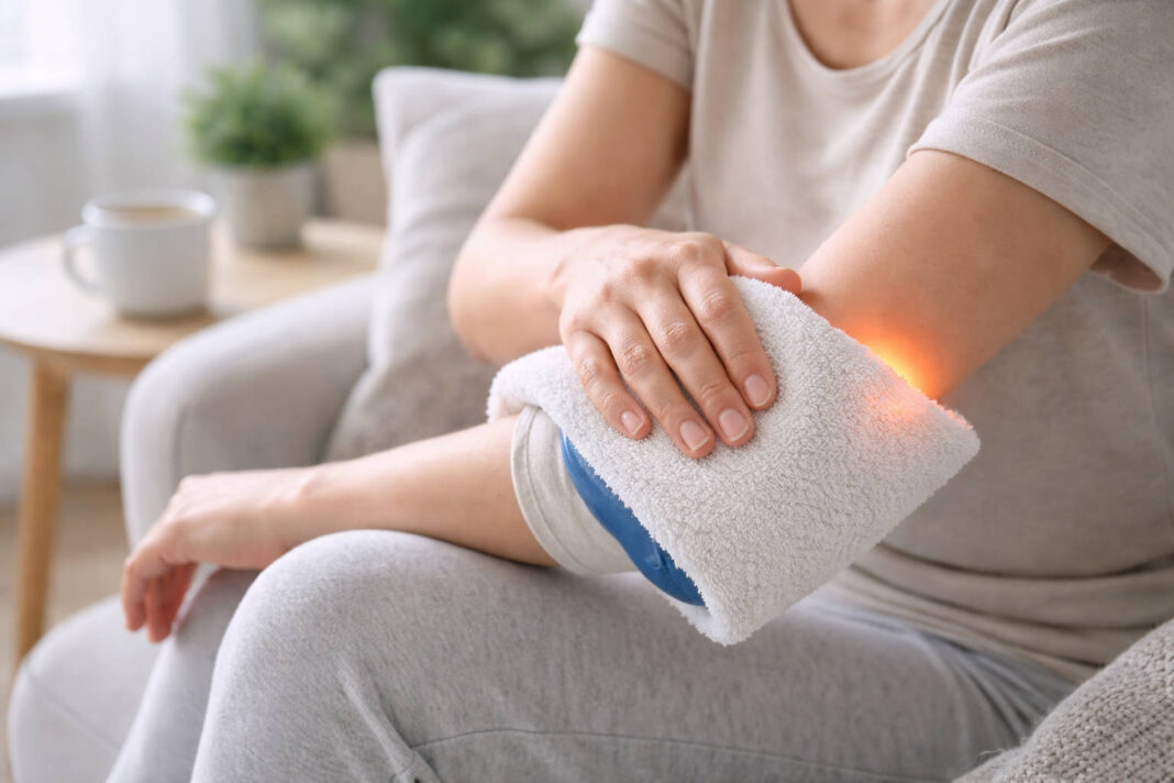 Łokieć z przyłożonym ciepłym okładem