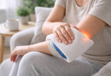 Łokieć z przyłożonym ciepłym okładem