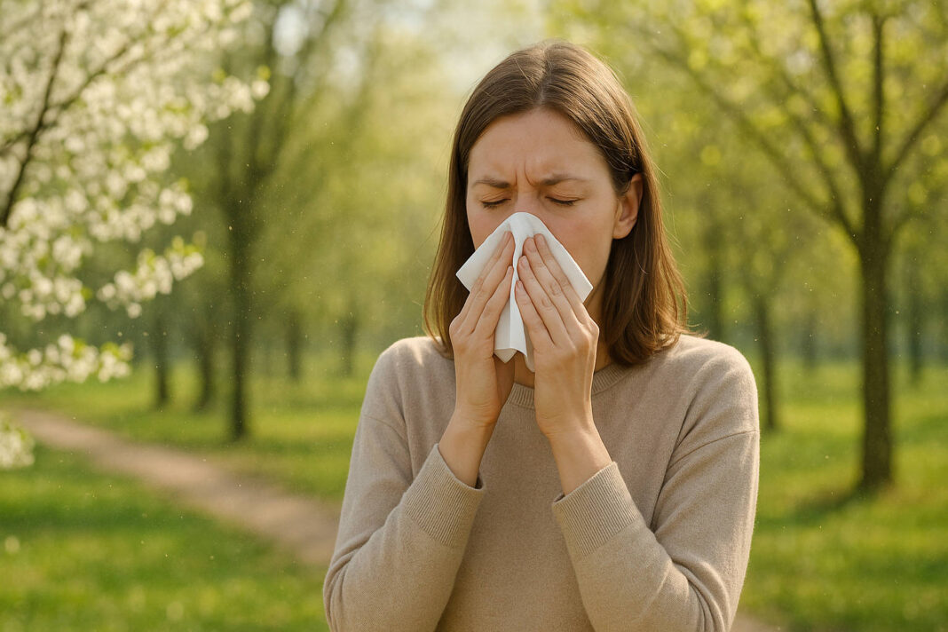 co-pyli-w-kwietniu Co pyli w kwietniu? Na zdjęciu kobieta smarkająca w parku