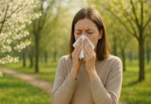 Co pyli w kwietniu? Na zdjęciu kobieta smarkająca w parku