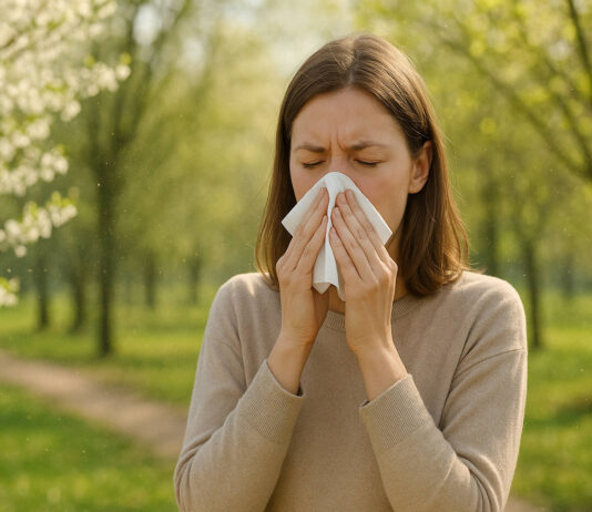 Co pyli w kwietniu? Na zdjęciu kobieta smarkająca w parku