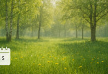 Grafika polany w maju i kalendarz alergika z liczbą 5