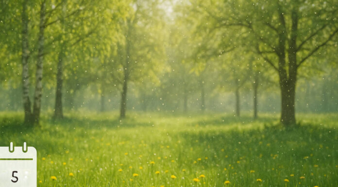 Co pyli w maju? Najsilniejsze alergeny i alergie w maju Grafika polany w maju i kalendarz alergika z liczbą 5