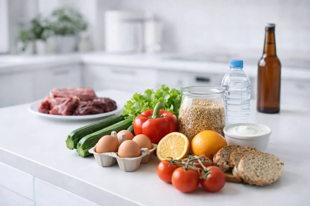 dieta-dna-moczanowa Produkty polecane przy diecie na dnę moczanową na stole w kuchni