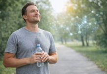 Mężczyzna zadowolony po bieganiu, w kontekście działania dopaminy