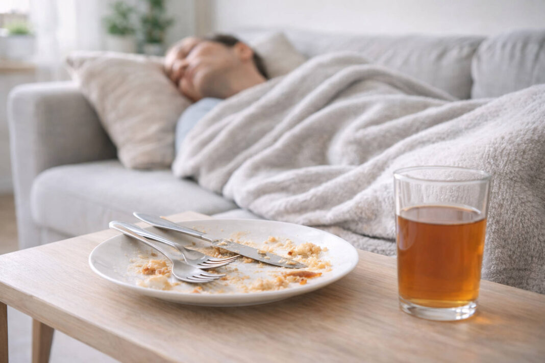 Mężczyzna śpiący pod kocem, obok talerz z resztkami posiłku i napój. Scena w kontekście glikemii poposiłkowej