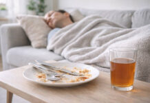Glikemia poposiłkowa. Co ją najbardziej podnosi? Mężczyzna śpiący pod kocem, obok talerz z resztkami posiłku i napój. Scena w kontekście glikemii poposiłkowej