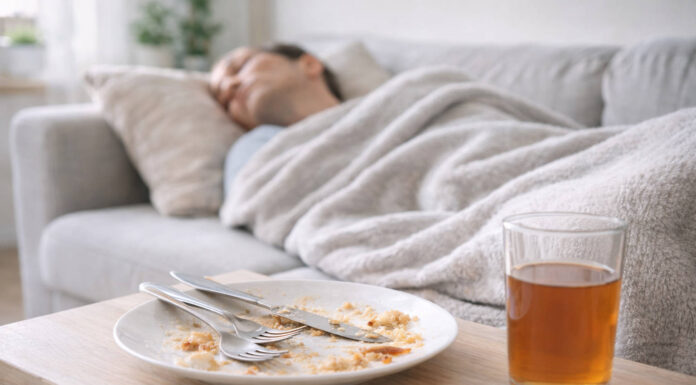 Glikemia poposiłkowa. Co ją najbardziej podnosi? Mężczyzna śpiący pod kocem, obok talerz z resztkami posiłku i napój. Scena w kontekście glikemii poposiłkowej