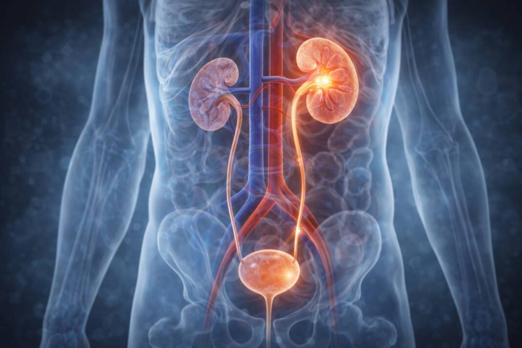 Medyczna wizualizacja ciała z zaznaczonym układem moczowodowym w kontekście kamicy nerkowej/moczowodowej