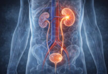 Medyczna wizualizacja ciała z zaznaczonym układem moczowodowym w kontekście kamicy nerkowej/moczowodowej