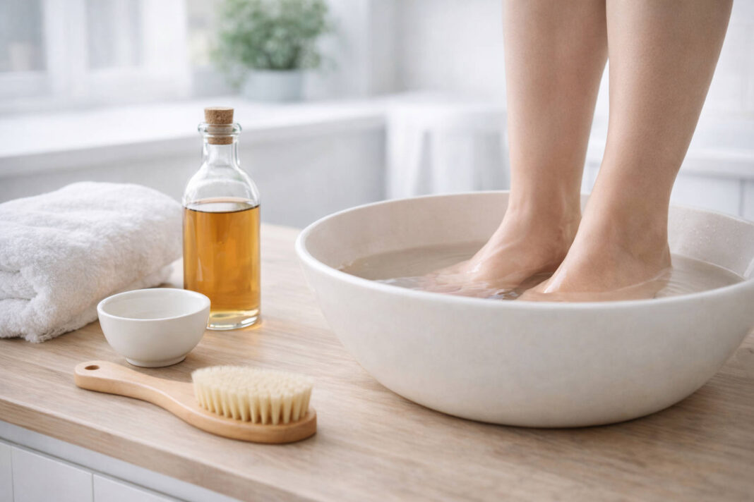 kapiele-octowe-art Kobieta mocząca stopy w occie. Obok butelka octu, w kontekście kąpieli octowych