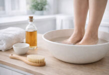 Kobieta mocząca stopy w occie. Obok butelka octu, w kontekście kąpieli octowych