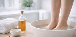 Kobieta mocząca stopy w occie. Obok butelka octu, w kontekście kąpieli octowych