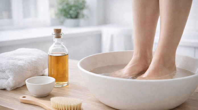 Kąpiele octowe, kiedy mogą pomóc a kiedy zaszkodzić? Kobieta mocząca stopy w occie. Obok butelka octu, w kontekście kąpieli octowych