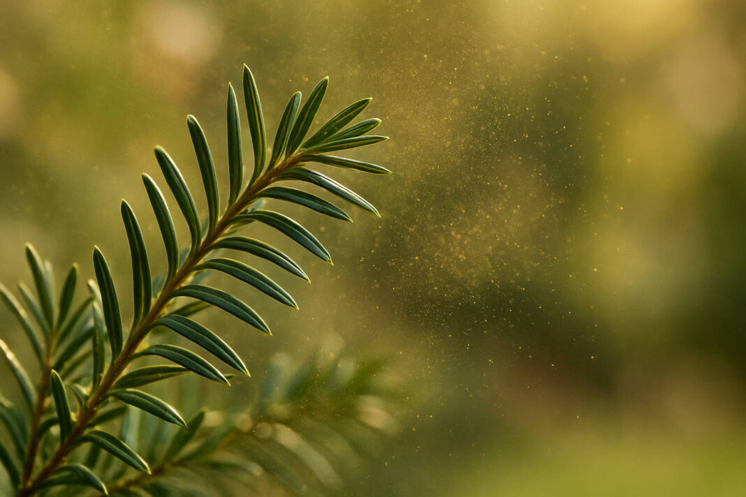 Gałązka cisu i unoszące się pyłki