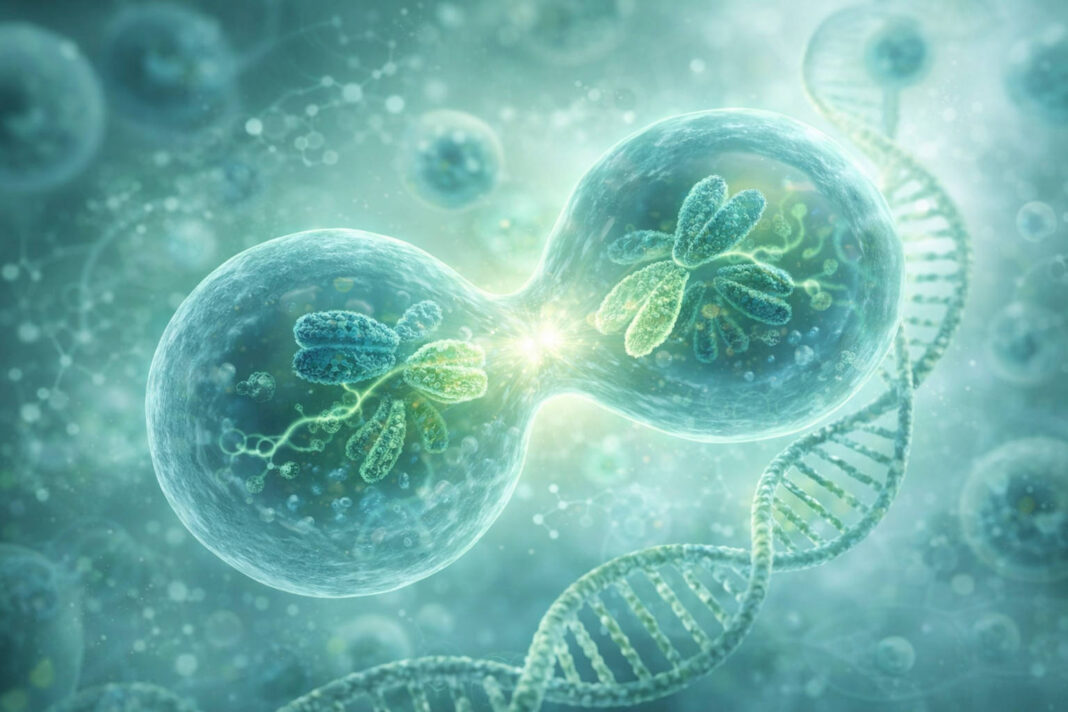 Rysunek 3d podziału komórkowego, w kontekście roli kwasu foliowego w organizmie