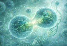 Rysunek 3d podziału komórkowego, w kontekście roli kwasu foliowego w organizmie