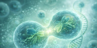 Rysunek 3d podziału komórkowego, w kontekście roli kwasu foliowego w organizmie