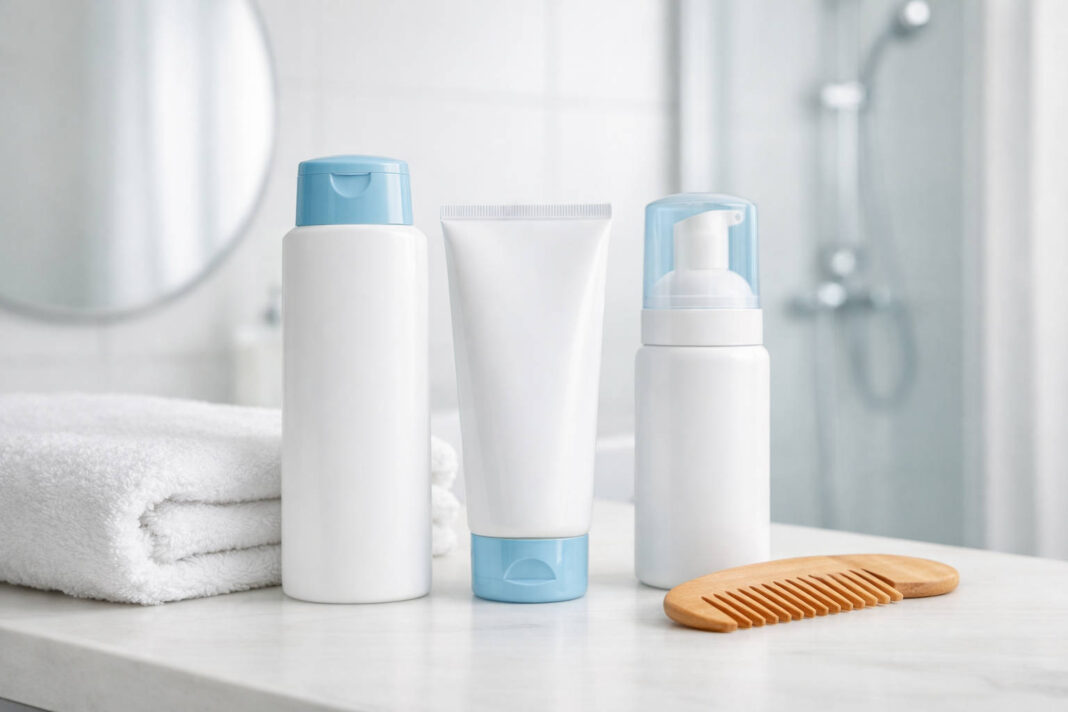 Produkty na łuszczycę skóry głowy, delikatny przekaz z grzebieniem, w tle łazienka