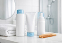 Produkty na łuszczycę skóry głowy, delikatny przekaz z grzebieniem, w tle łazienka