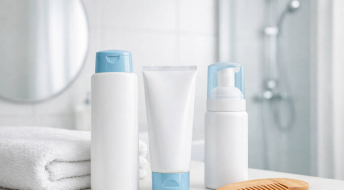 Łuszczyca skóry głowy – przyczyny, objawy, codzienna pielęgnacja i leczenie Produkty na łuszczycę skóry głowy, delikatny przekaz z grzebieniem, w tle łazienka