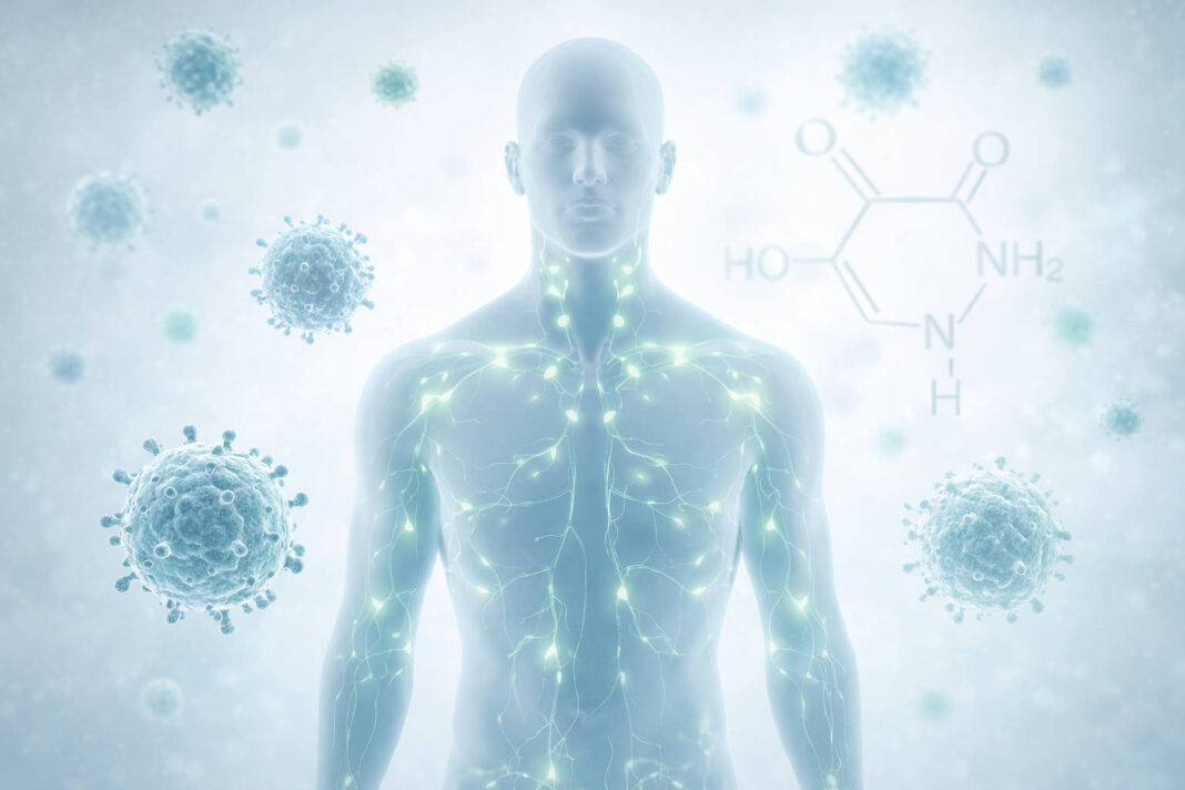 Rysunek człowieka, dookoła wirusy i praca układu odpornościowego w kontekście witaminy b6