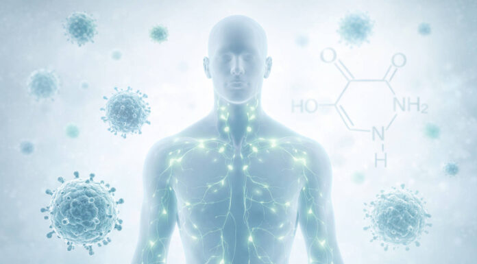 Witamina B6, rola w odporności i układzie nerwowym Rysunek człowieka, dookoła wirusy i praca układu odpornościowego w kontekście witaminy b6