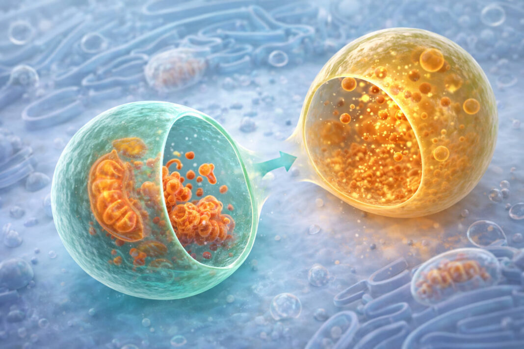 Wizualizacja autofagii, dwie komórki, jedna z nich pochłania drugą