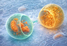 Wizualizacja autofagii, dwie komórki, jedna z nich pochłania drugą