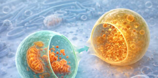 Wizualizacja autofagii, dwie komórki, jedna z nich pochłania drugą