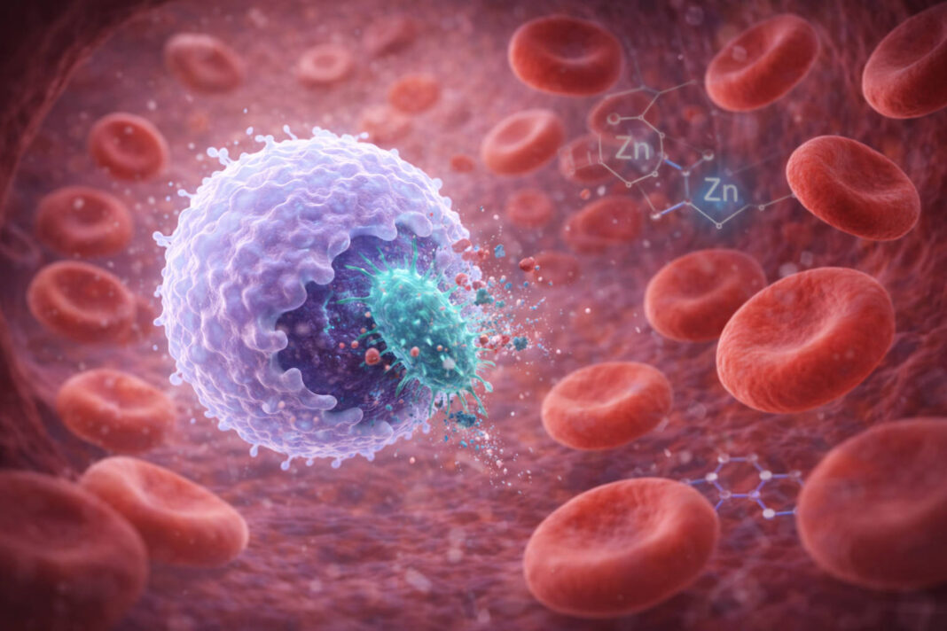 Rysunek przedstawiający układ krwionośny, wnętrze żyły i symboliczny cynk działający jako system odpornościowy