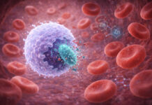 Rysunek przedstawiający układ krwionośny, wnętrze żyły i symboliczny cynk działający jako system odpornościowy