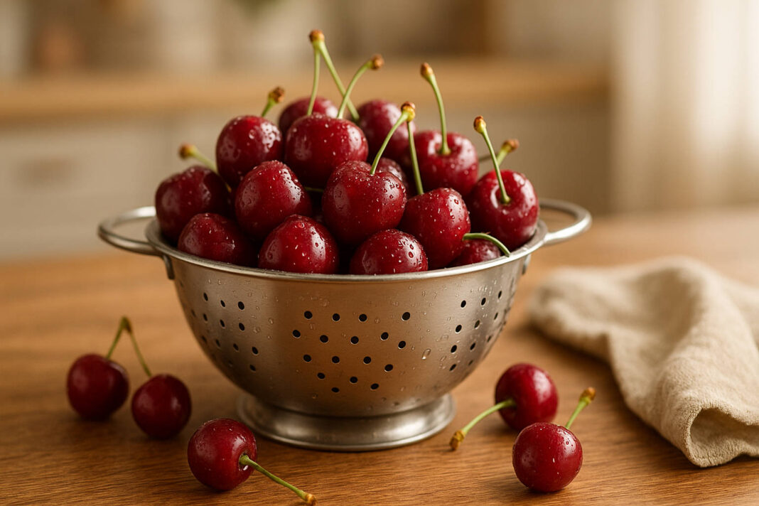 Durszlak umytych czereśni w kuchni