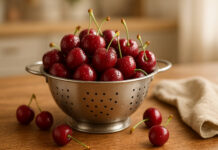 Durszlak umytych czereśni w kuchni