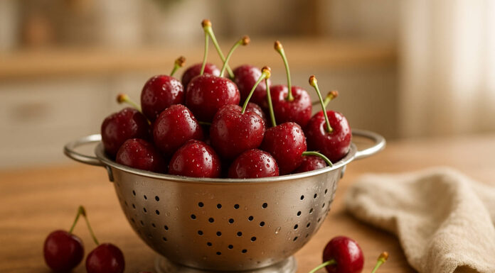 Czereśnie: właściwości lecznicze, kalorie i kiedy jest sezon na świeże owoce? Durszlak umytych czereśni w kuchni